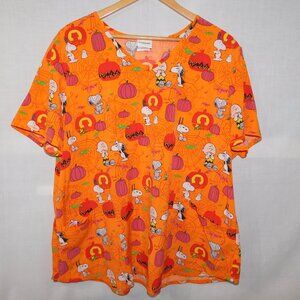 Peanuts Charlie Brown Snoopy Woodstock Orange Halloween Women 2XL Scrub Top